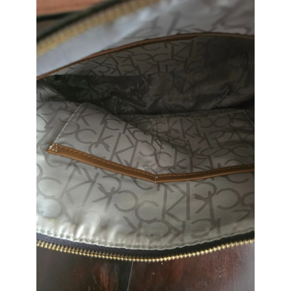 Calvin Klein Brown Monogram Logo Hobo Shoulder Bag Gold Hardware Large